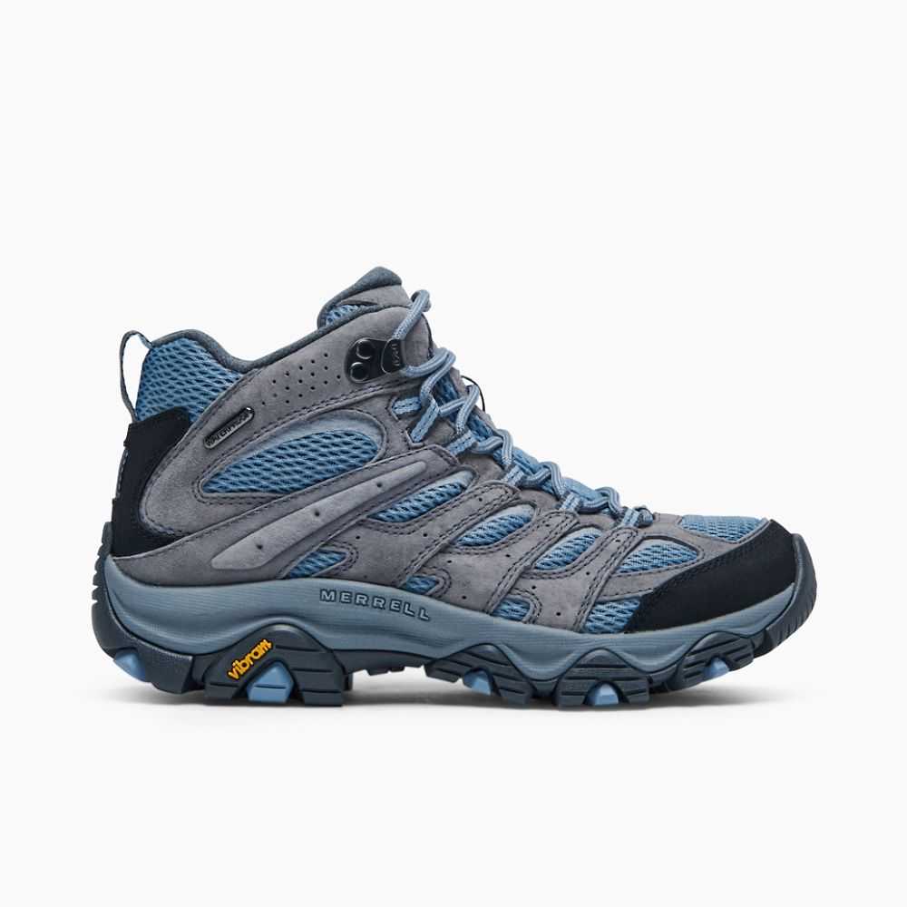 Blue/Grey Women's Merrell Moab 3 Mid Waterproof Wide Width Hiking Boots | Dubai-2763849